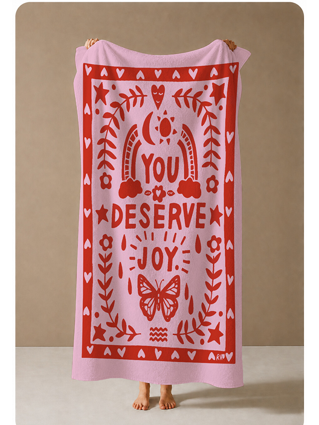 Pembe You Deserve Joy Yazılı Kelebek Desenli 70x150 Cm Dijital Baskılı Plaj Ve Banyo Havlusu-3