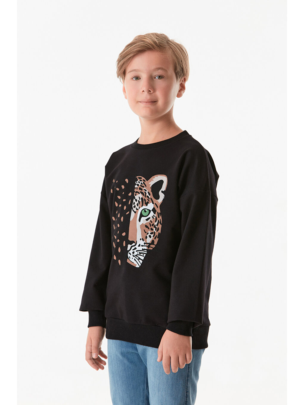 Fullamoda Siyah Leopar Baskılı Bisiklet Yaka Erkek Çocuk Sweatshirt - 3