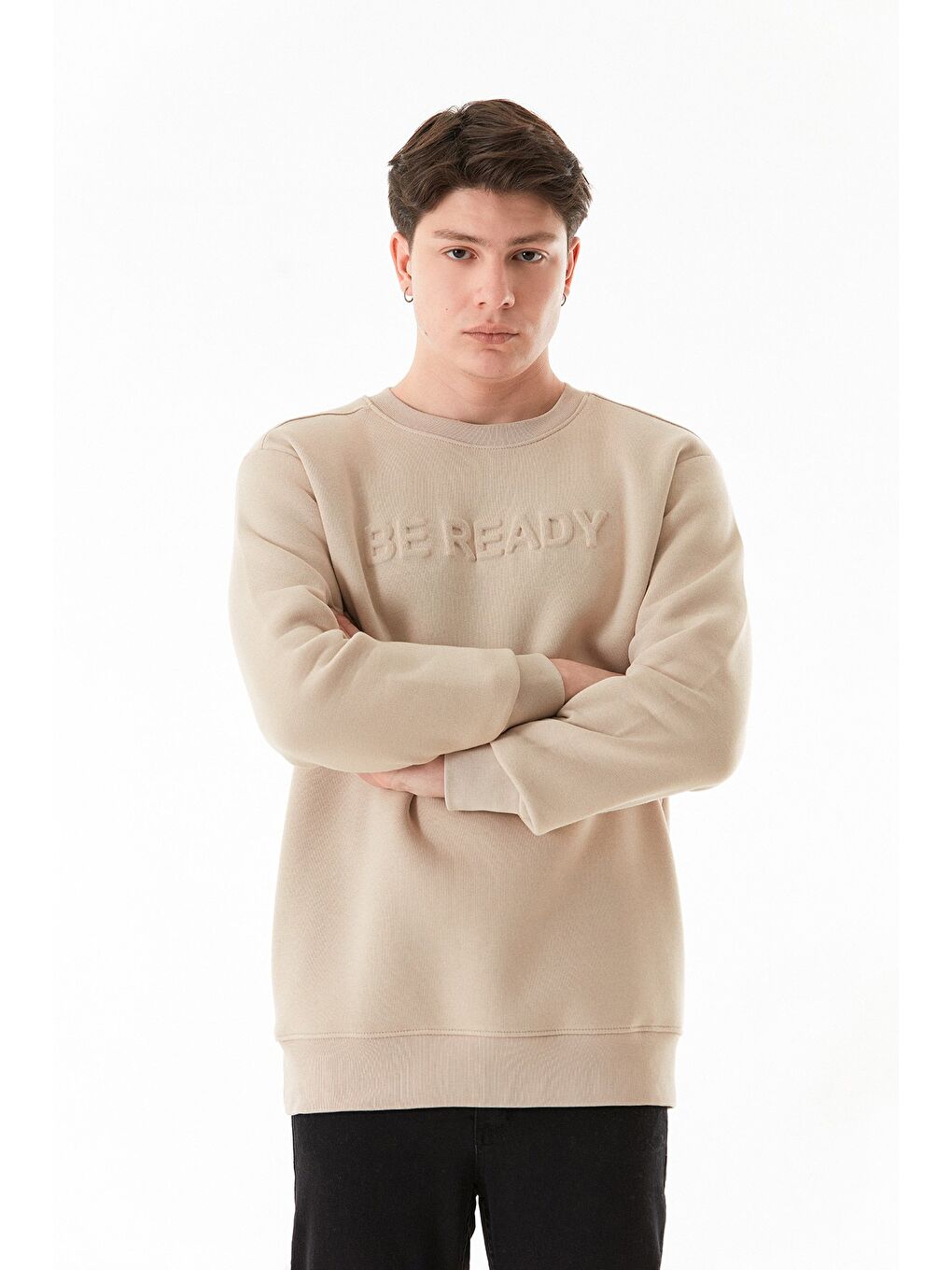 Bej 3 İplik Be Ready Yazı Kabartmalı Bisiklet Yaka Sweatshirt