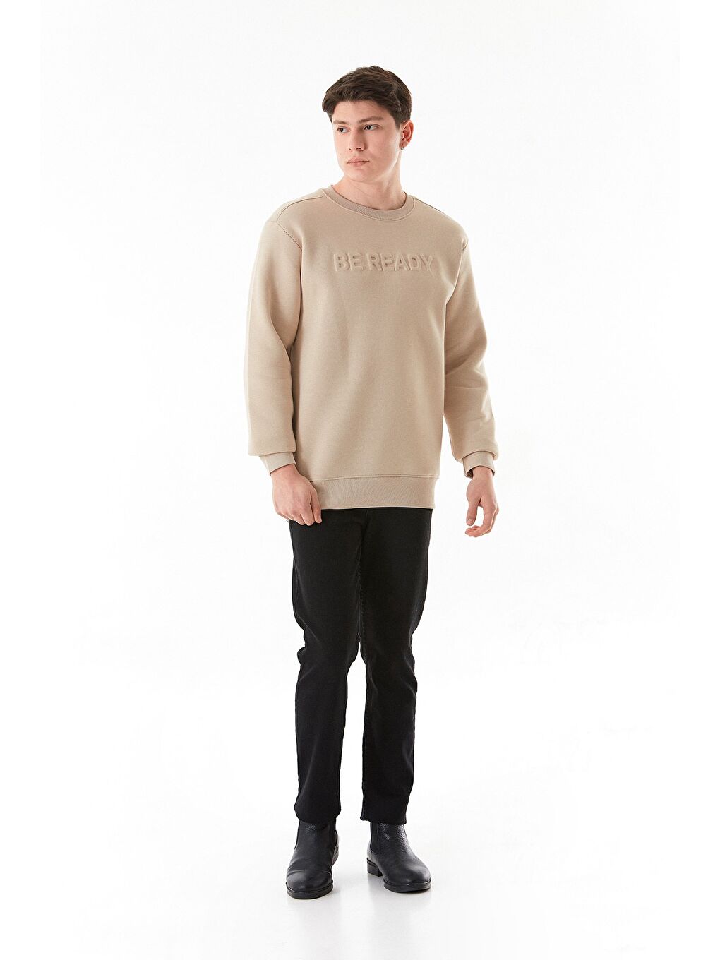 Bej 3 İplik Be Ready Yazı Kabartmalı Bisiklet Yaka Sweatshirt-4