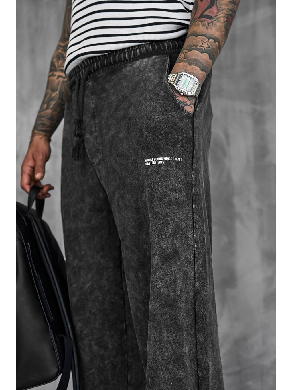 Erkek Baskılı Yıkamalı Baggy Fit Eşofman Siyah-1