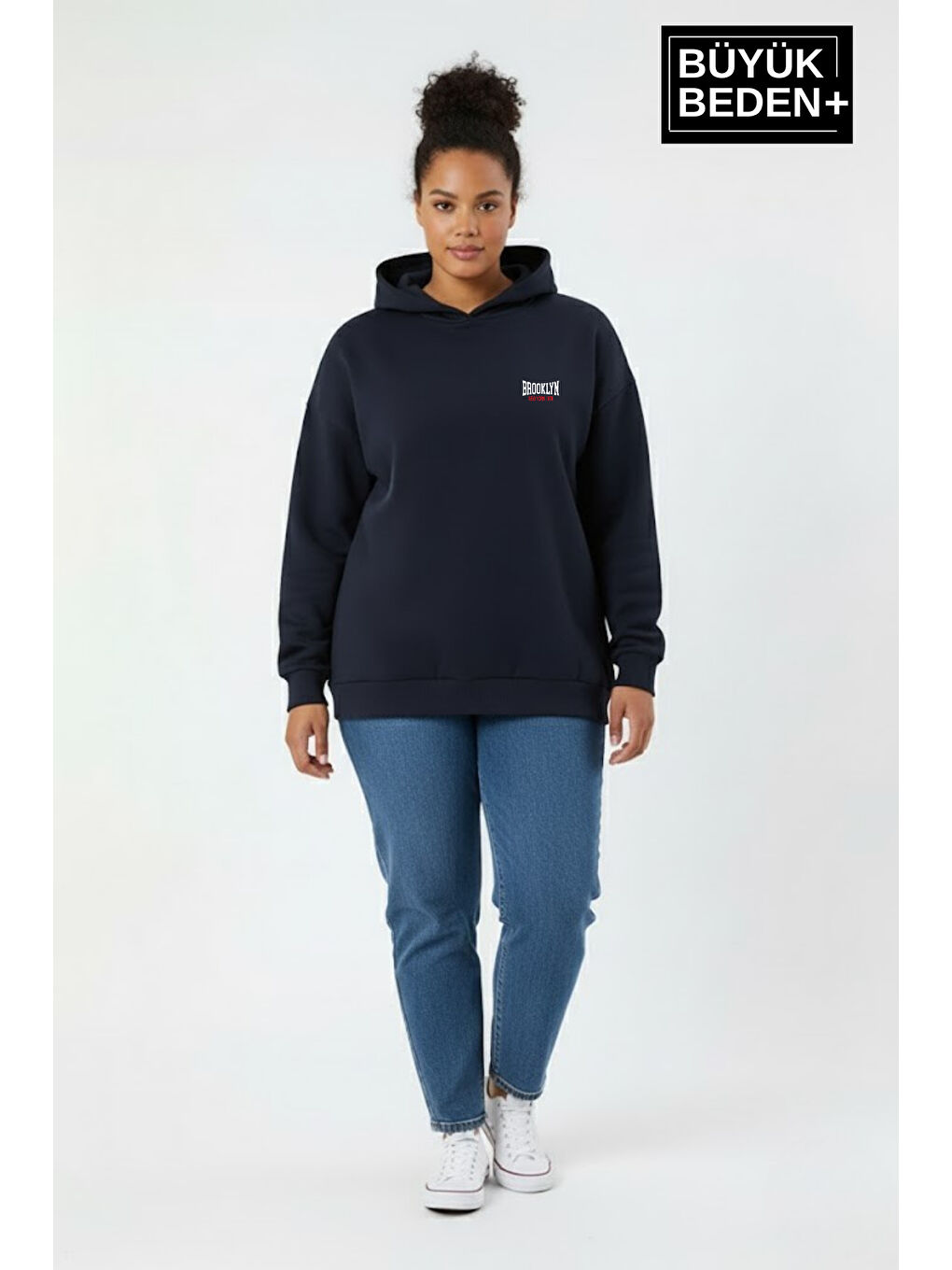 Lacivert Kadın Büyük Beden Brooklyn 1970 Baskılı Kapüşonlu Sweatshirt SPR26BSWK964