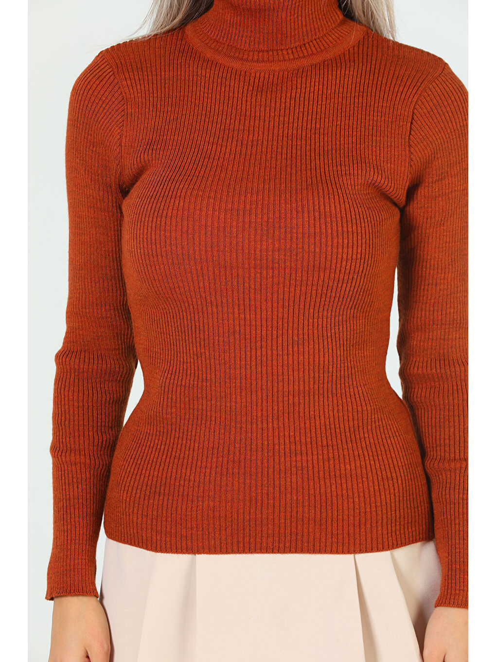 Kahverengi Kadın Tam Balıkçı Yaka Elastanlı Triko Bluz-3