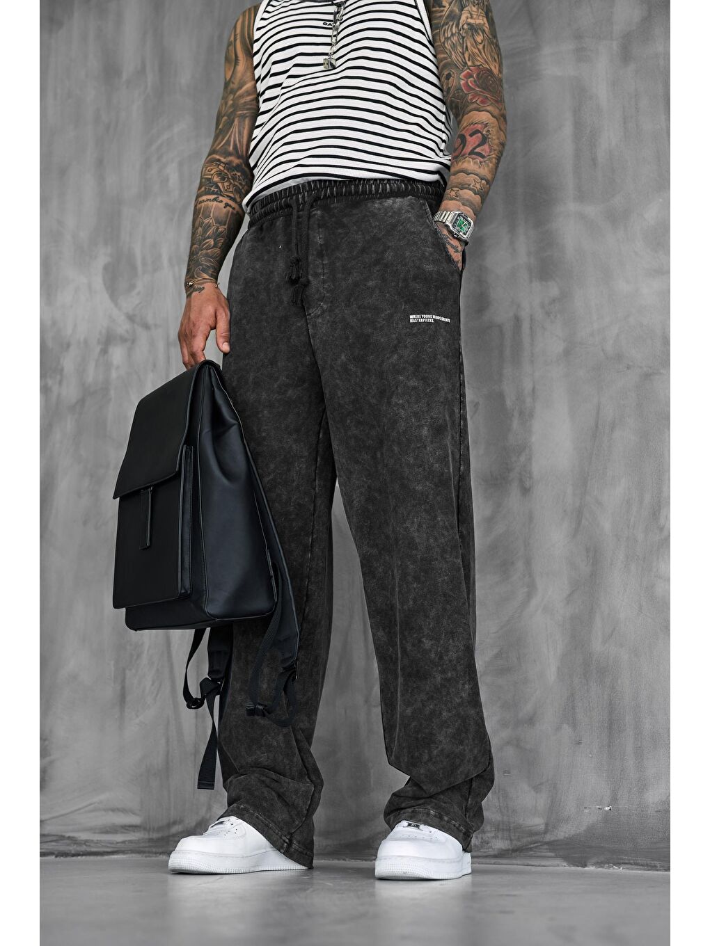 Erkek Baskılı Yıkamalı Baggy Fit Eşofman Siyah-2