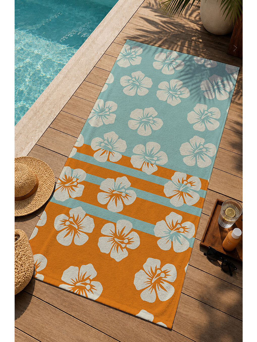 Milbay Grup Mavi Turkuaz Turuncu Çizgili Çiçek Desenli 70x150 Cm Dijital Plaj Ve Banyo Havlusu-6346-2