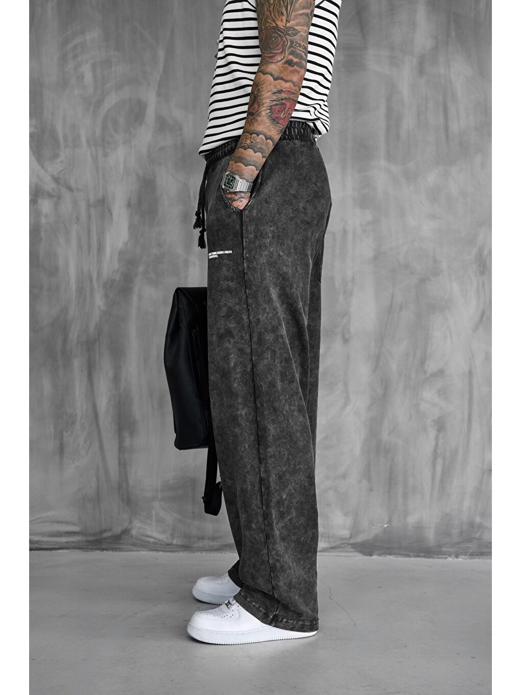 Erkek Baskılı Yıkamalı Baggy Fit Eşofman Siyah-3