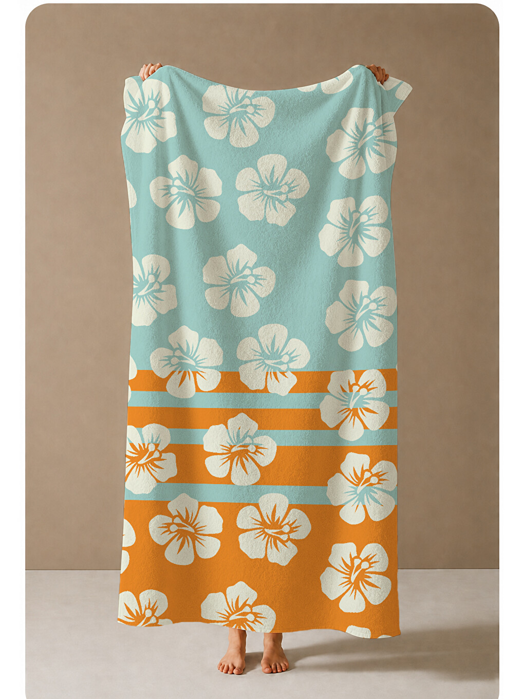 Milbay Grup Mavi Turkuaz Turuncu Çizgili Çiçek Desenli 70x150 Cm Dijital Plaj Ve Banyo Havlusu-6346-3