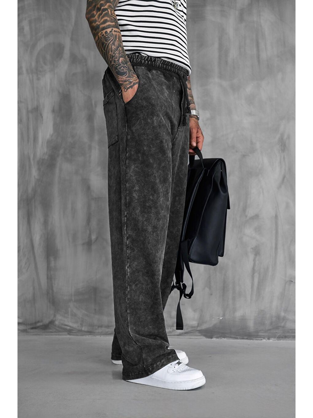 Erkek Baskılı Yıkamalı Baggy Fit Eşofman Siyah-4