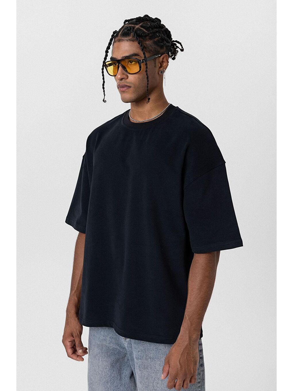Basic Oversize Bisiklet Yaka Tişört Siyah-3