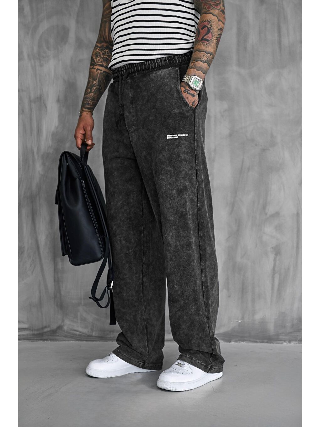 Erkek Baskılı Yıkamalı Baggy Fit Eşofman Siyah-5