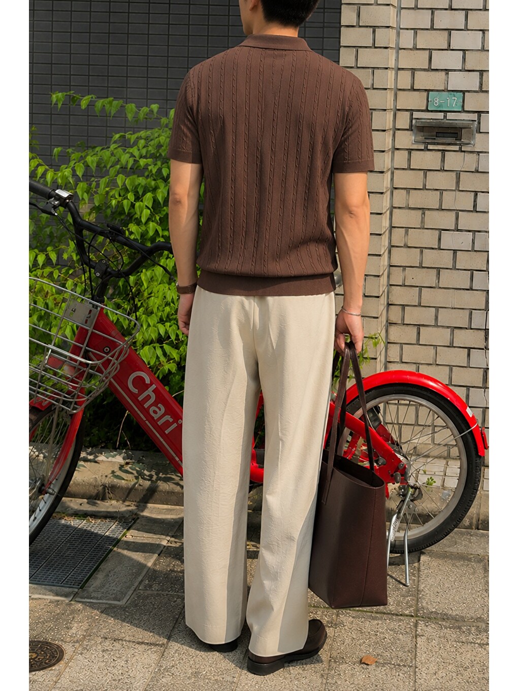 Kahverengi Erkek Slim Fit Fermuarlı Polo Yaka Saç Örgü Desenli Triko Tişört – Yazlık Pamuklu Esnek Örme-2