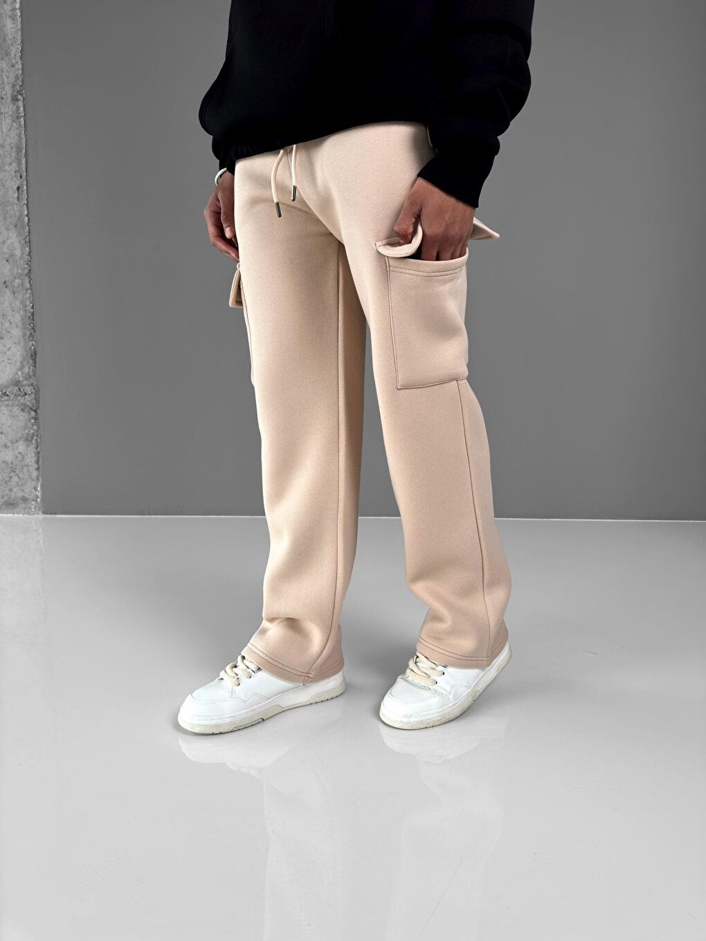 Erkek Baggy Fit Kargo Eşofman Bej-3