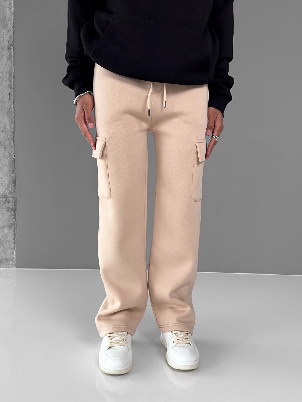 Erkek Baggy Fit Kargo Eşofman Bej-4