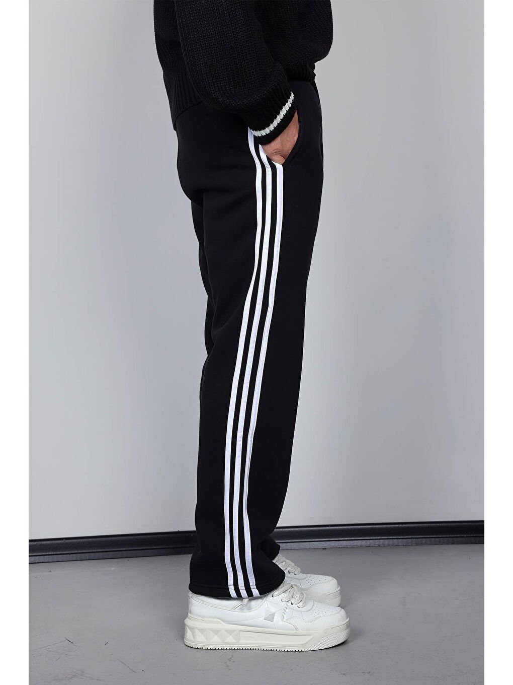 Erkek Yan Şeritli Baggy Fit Eşofman Siyah-2