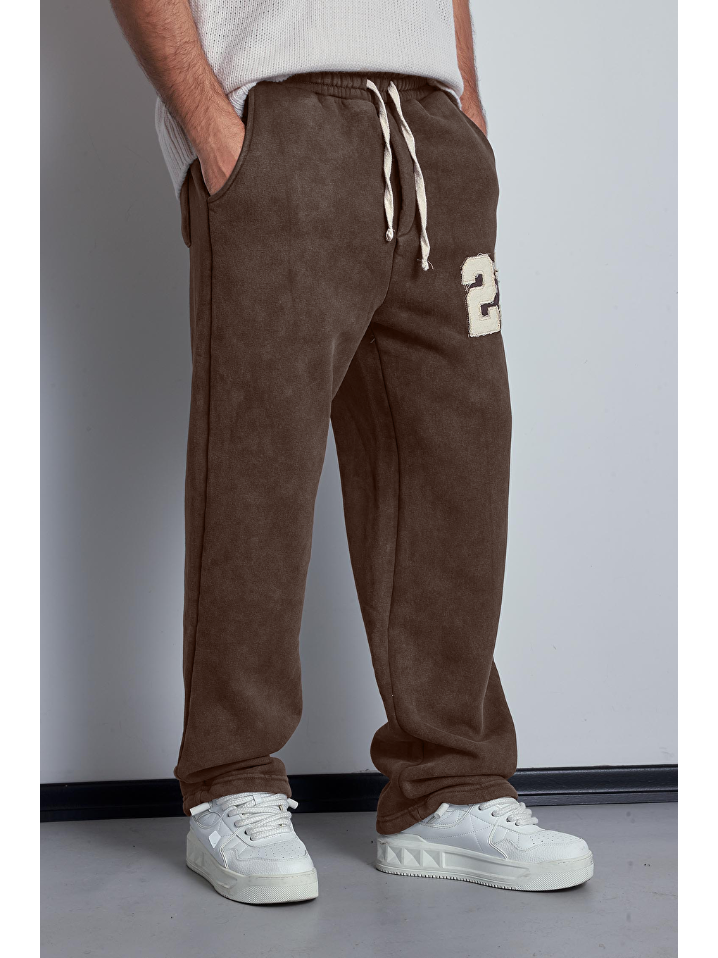 Erkek Baskılı Yıkamalı Baggy Fit Eşofman Kahverengi-2