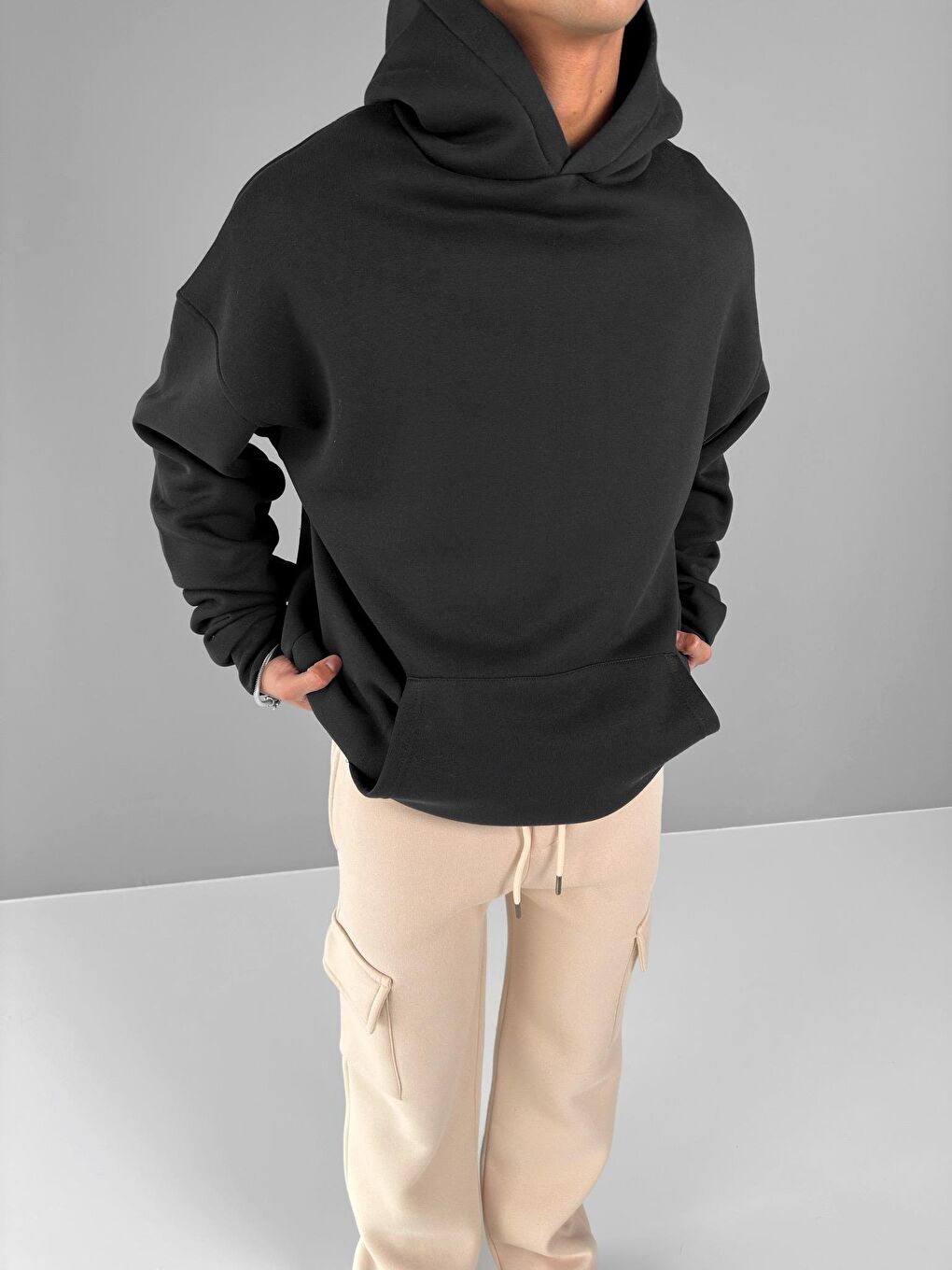 Erkek Baggy Fit Kargo Eşofman Bej-5