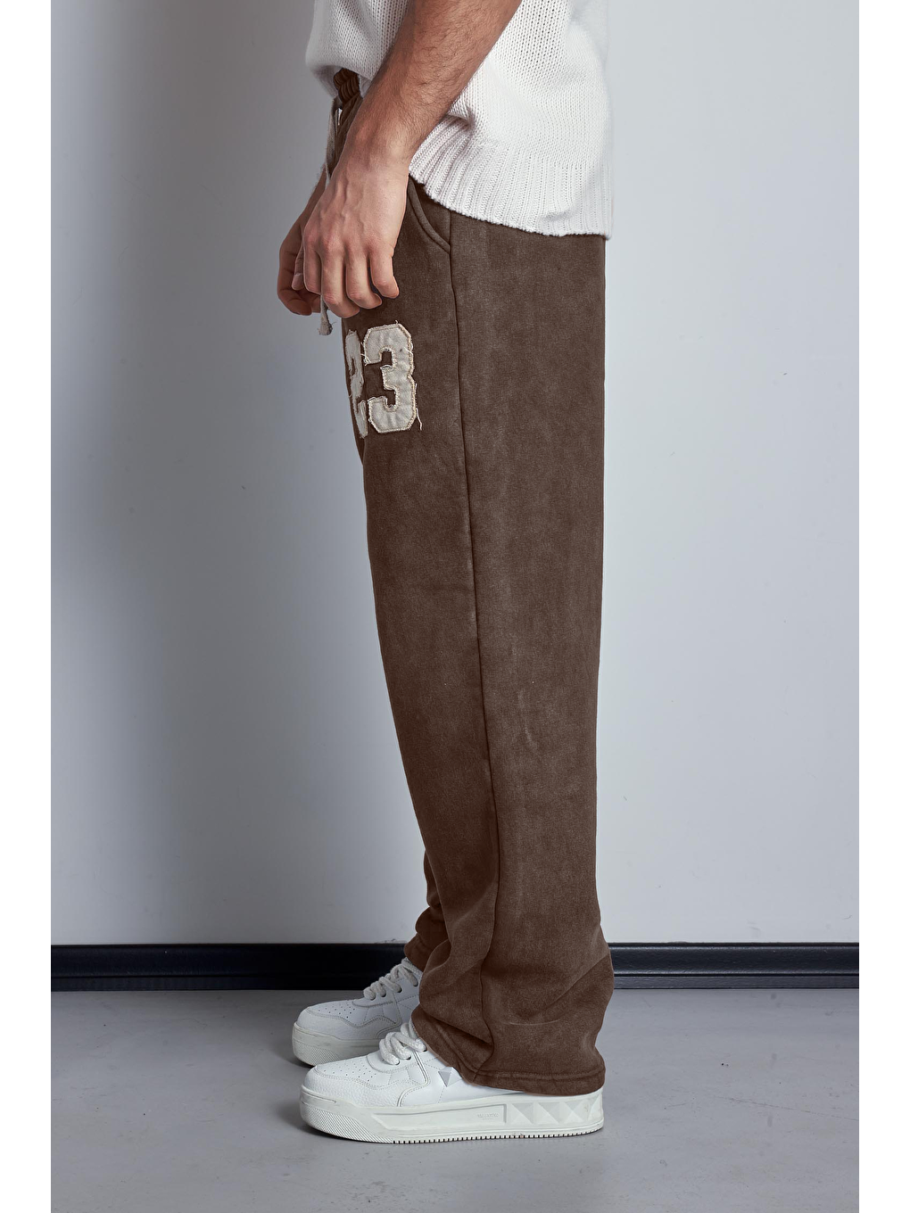 Erkek Baskılı Yıkamalı Baggy Fit Eşofman Kahverengi-3