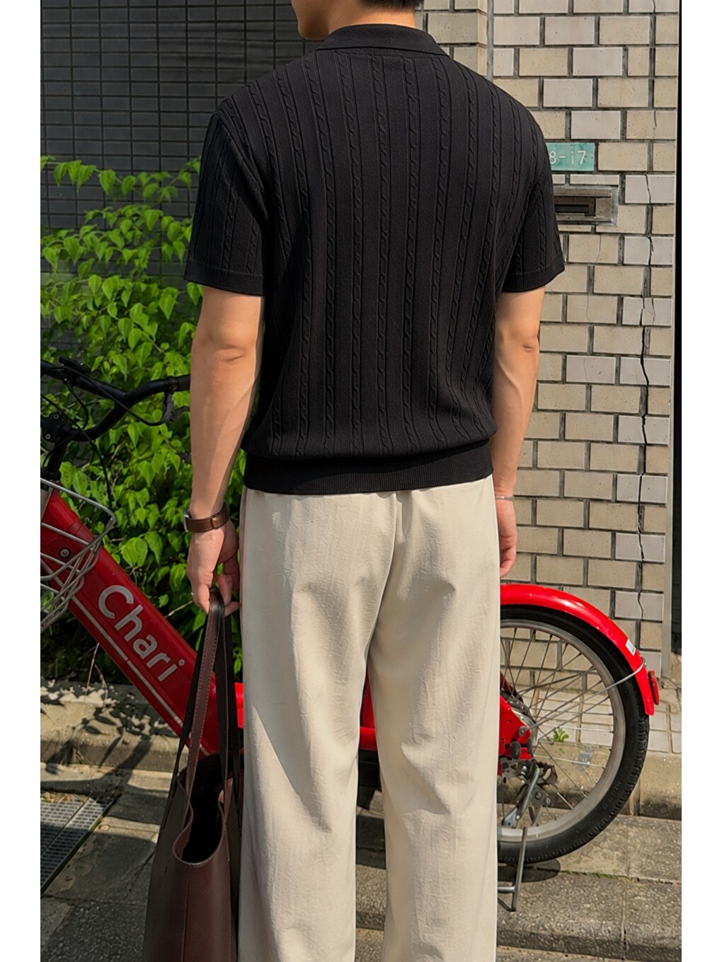 Siyah Erkek Slim Fit Fermuarlı Polo Yaka Saç Örgü Desenli Triko Tişört – Yazlık Pamuklu Esnek Örme-2