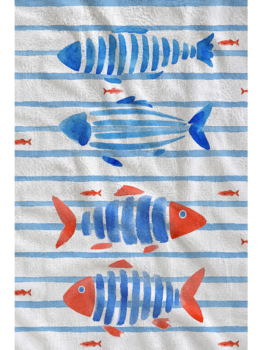Milbay Grup Mavi Beyaz Çizgili Balık Desenli 70x150 Cm Dijital Plaj Ve Banyo Havlusu-37368-1