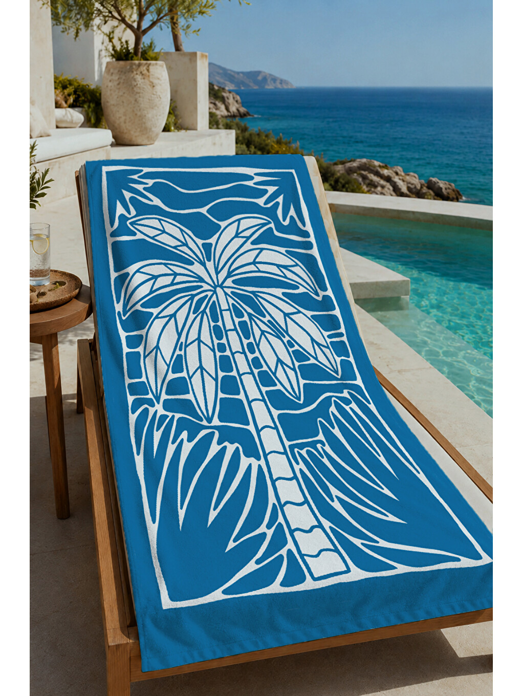 Mavi Beyaz Blok Baskı Palmiye Desenli 70x150 Cm Dijital Baskılı Plaj Ve Banyo Havlusu