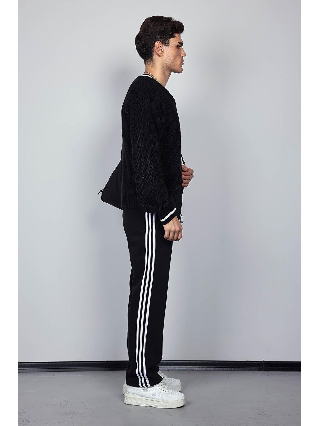 Erkek Yan Şeritli Baggy Fit Eşofman Siyah-6