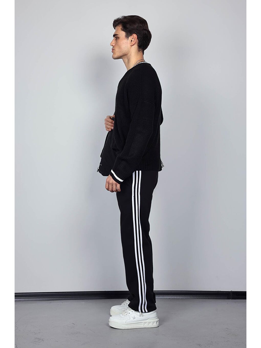 Erkek Yan Şeritli Baggy Fit Eşofman Siyah-7