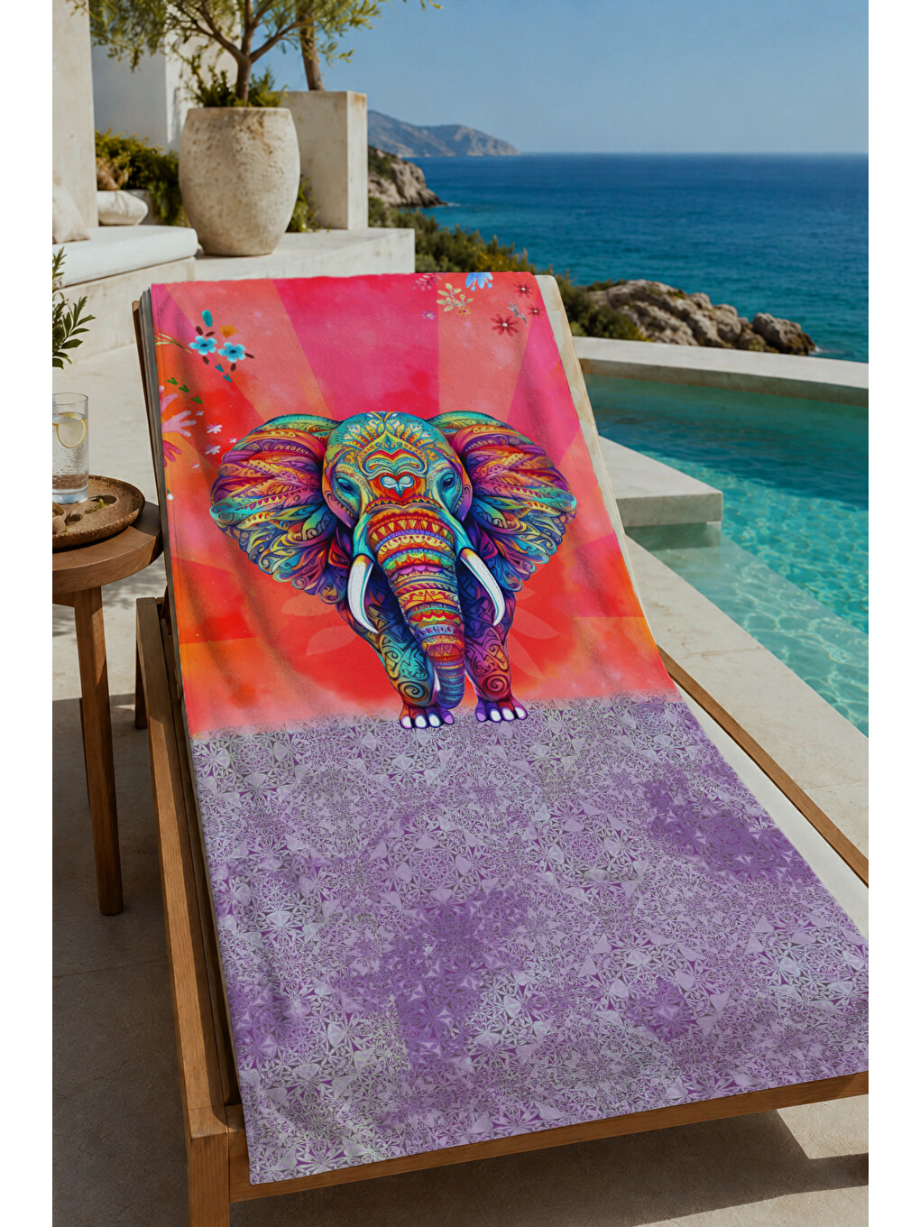 Mercan Mor Etnik Fil Desenli 70x150 Cm Dijital Baskılı Plaj Ve Banyo Havlusu