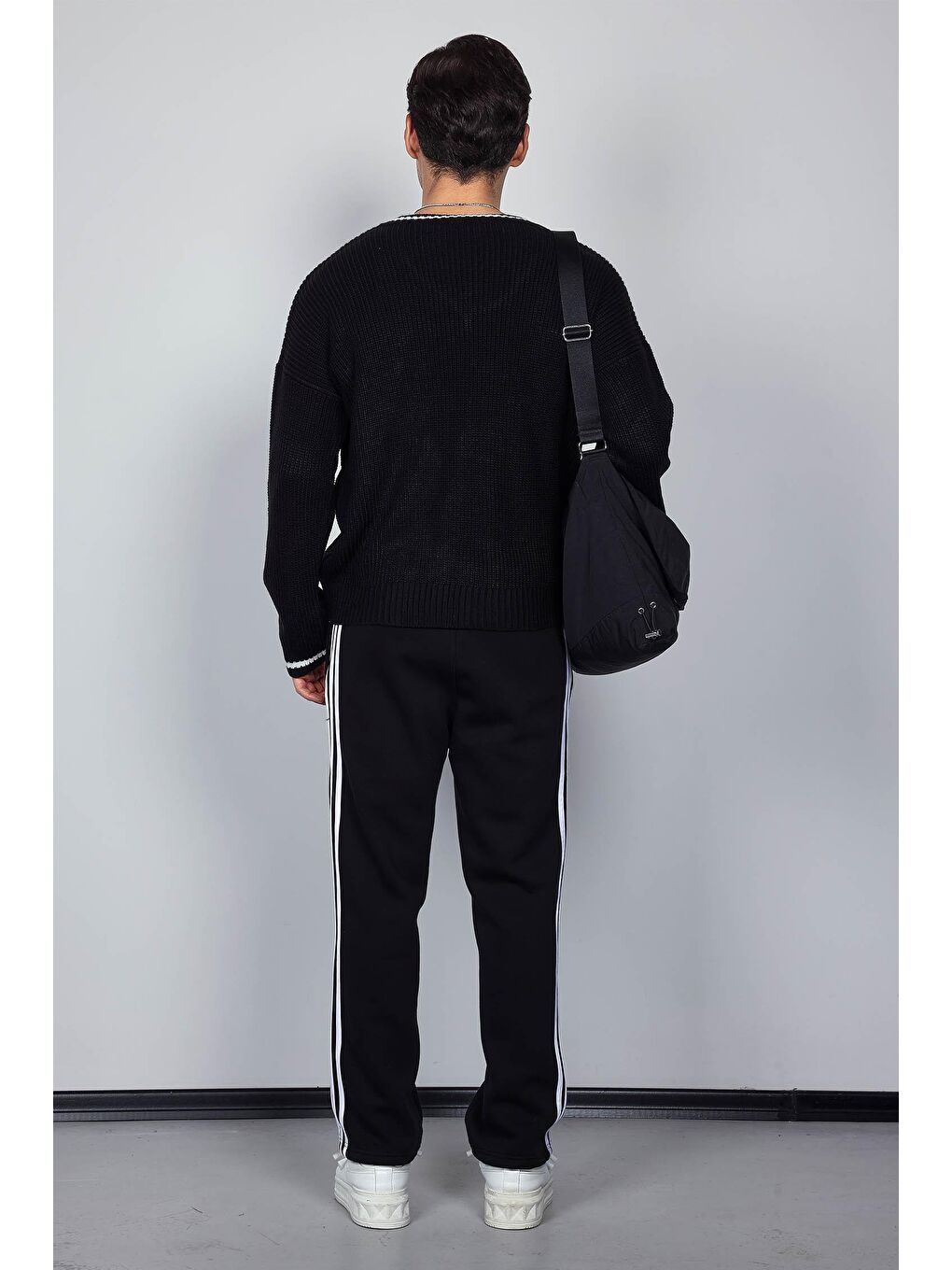 Erkek Yan Şeritli Baggy Fit Eşofman Siyah-8
