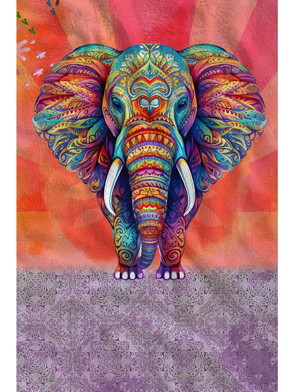 Mercan Mor Etnik Fil Desenli 70x150 Cm Dijital Baskılı Plaj Ve Banyo Havlusu-1