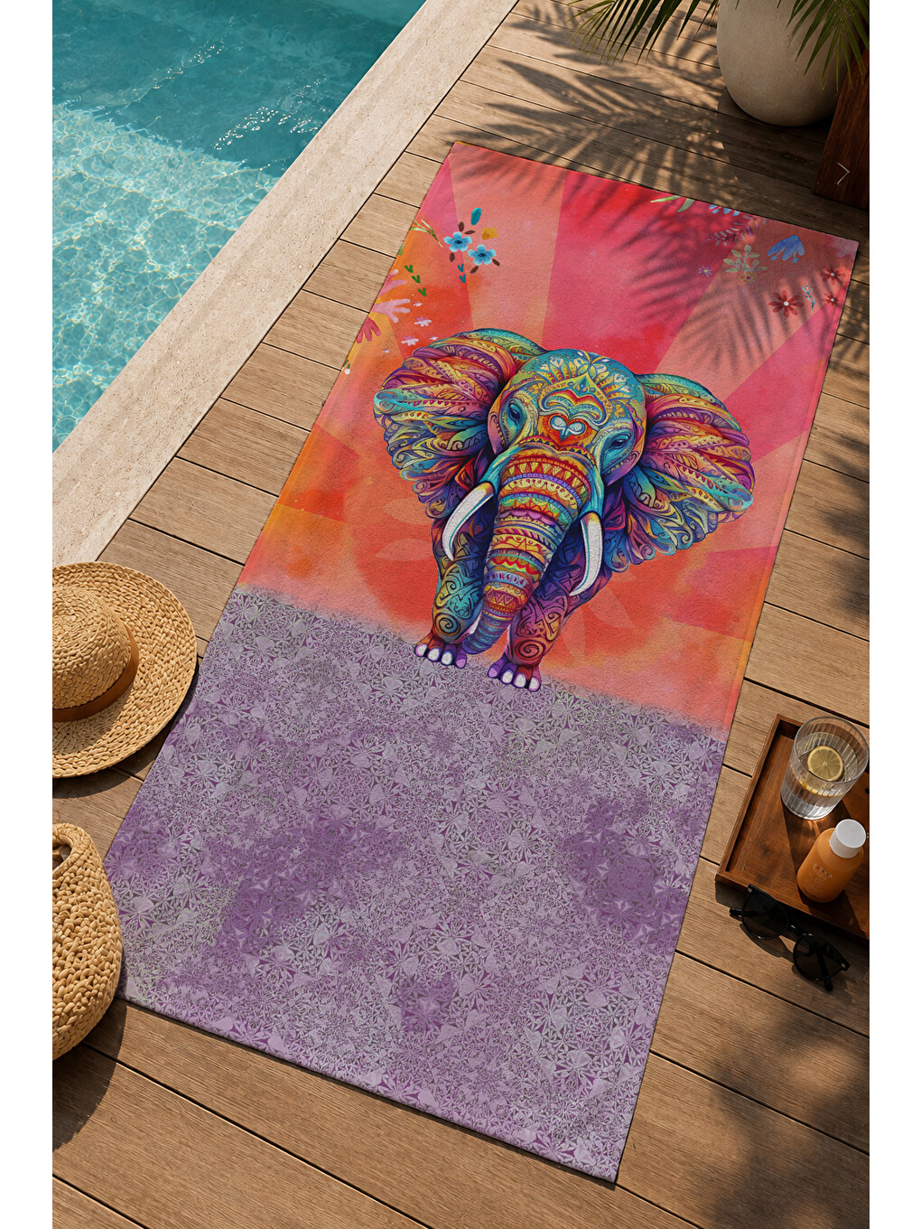 Mercan Mor Etnik Fil Desenli 70x150 Cm Dijital Baskılı Plaj Ve Banyo Havlusu-2