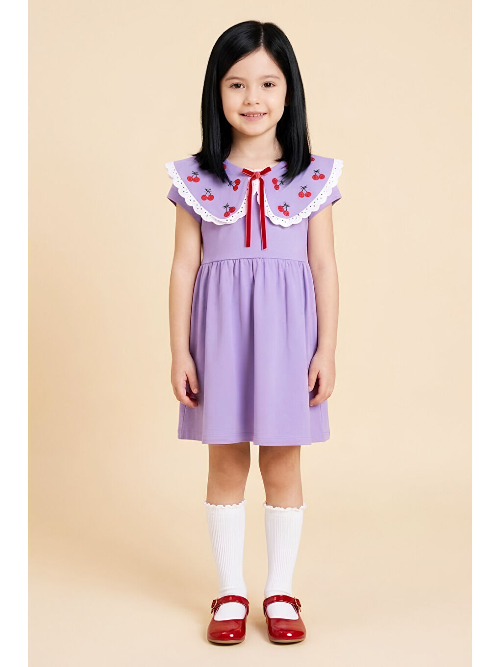 Lila Kız Çocuk Geniş Yakalı Nakış Detaylı Elbise 2-7 Yaş 12652OZ-2