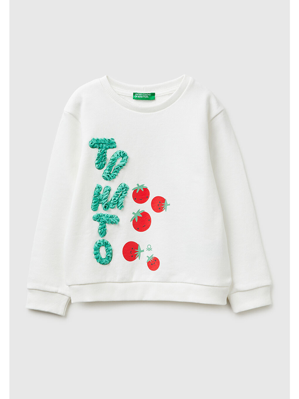 Kız Çocuk Beyaz Baskılı İşlemeli Bisiklet Yaka Sweatshirt