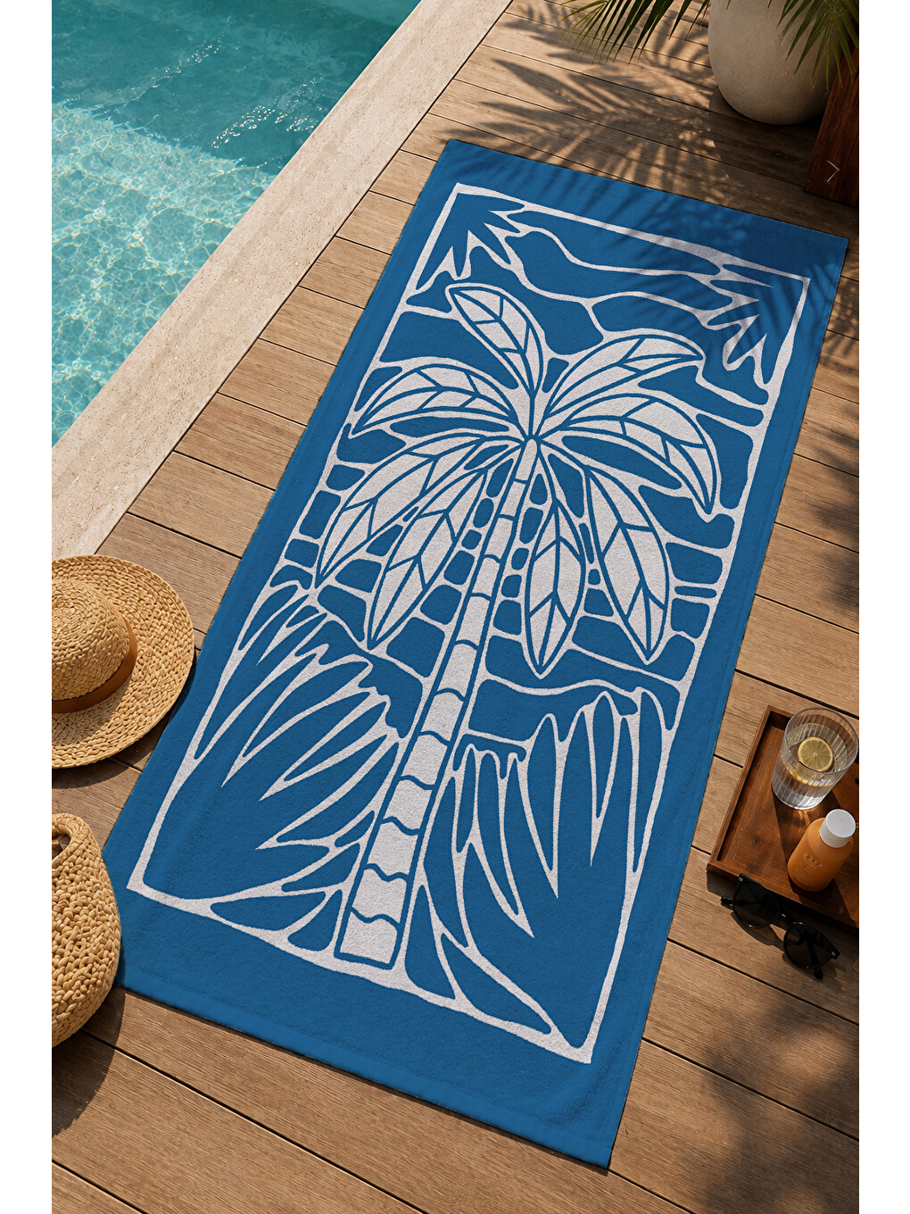 Mavi Beyaz Blok Baskı Palmiye Desenli 70x150 Cm Dijital Baskılı Plaj Ve Banyo Havlusu-2