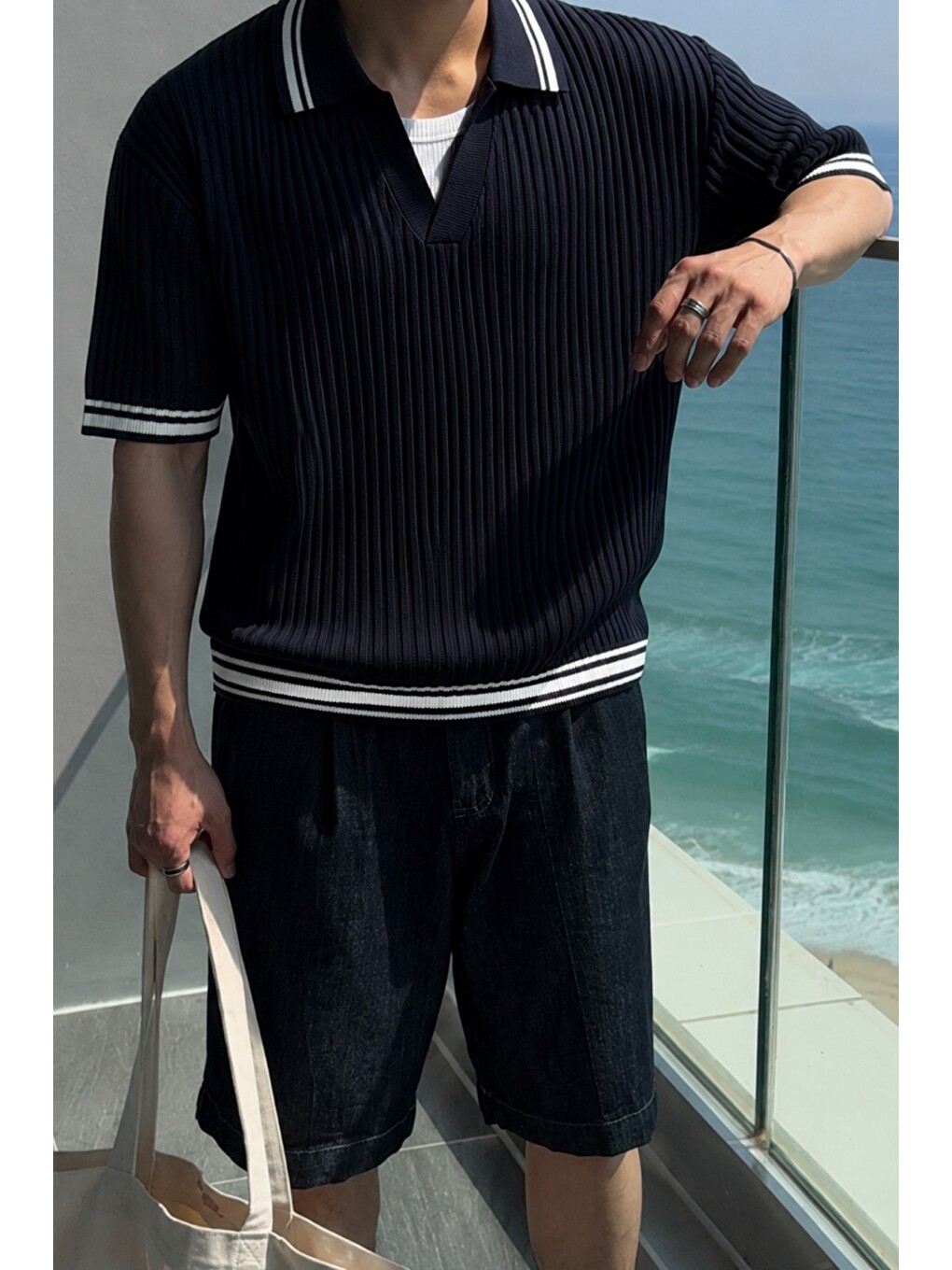 Siyah Oversize Fit Çizgili Triko Polo Yaka Erkek Tişört – Ribana Dokulu Premium Yazlık Model-1