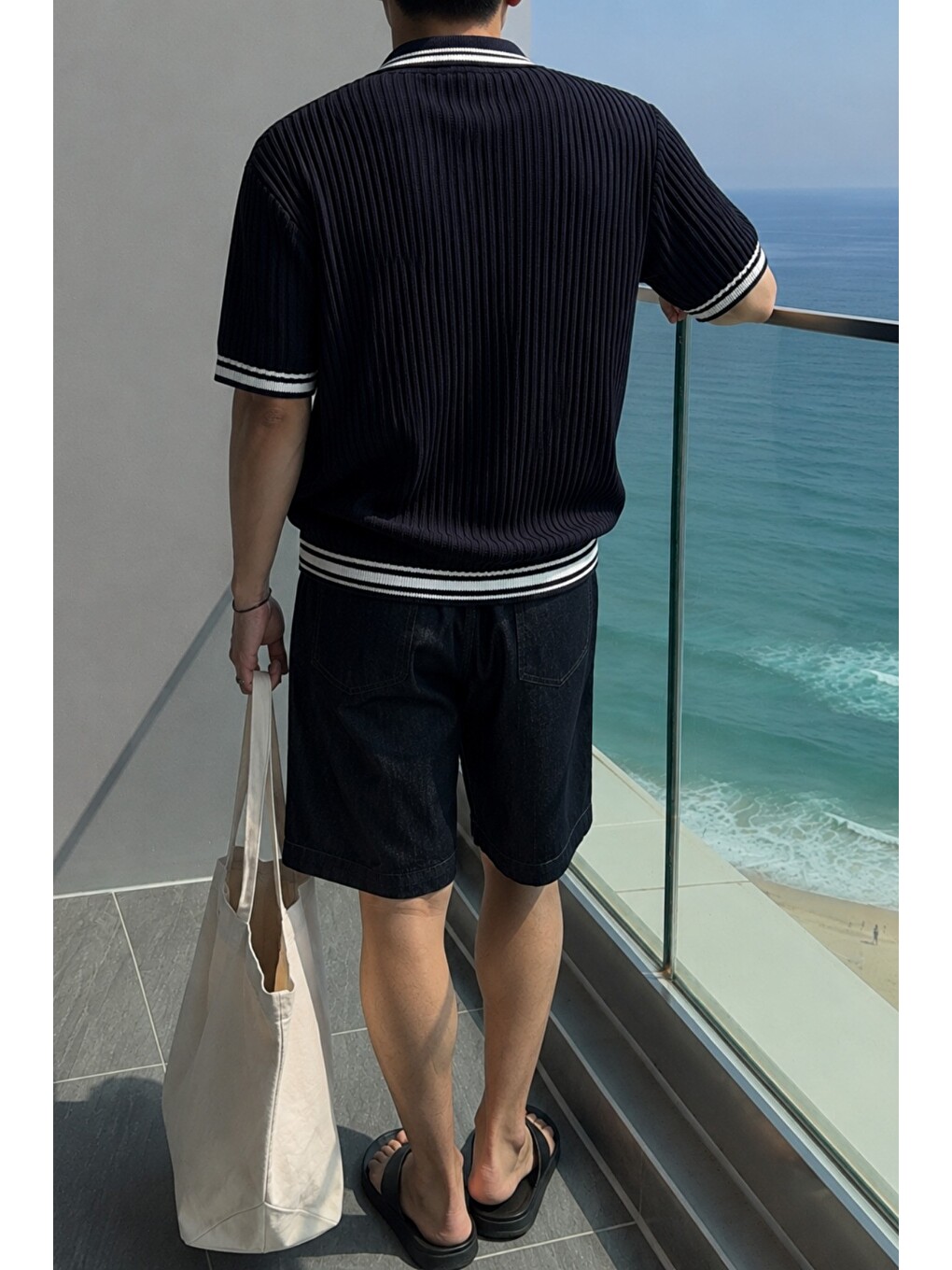 Siyah Oversize Fit Çizgili Triko Polo Yaka Erkek Tişört – Ribana Dokulu Premium Yazlık Model-2