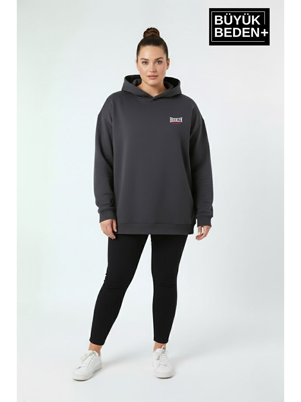 Gri Kadın Büyük Beden Brooklyn 1970 Baskılı Kapüşonlu Sweatshirt SPR26BSWK964