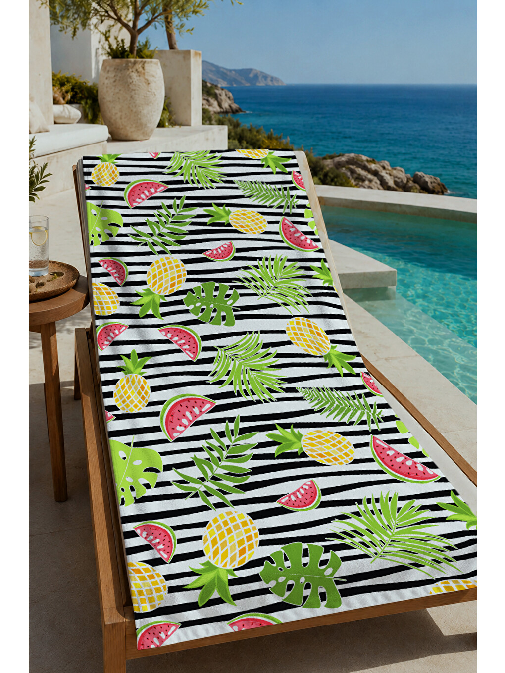 Siyah Beyaz Çizgili Karpuz Ananas Tropikal Desenli 70x150 Cm Dijital Baskılı Plaj Ve Banyo Havlusu