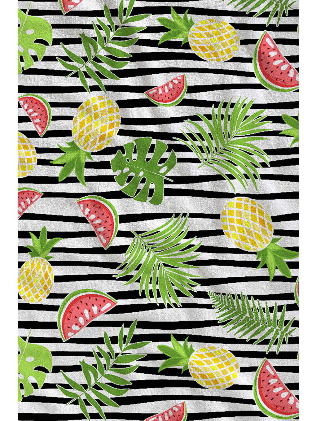 Siyah Beyaz Çizgili Karpuz Ananas Tropikal Desenli 70x150 Cm Dijital Baskılı Plaj Ve Banyo Havlusu-1
