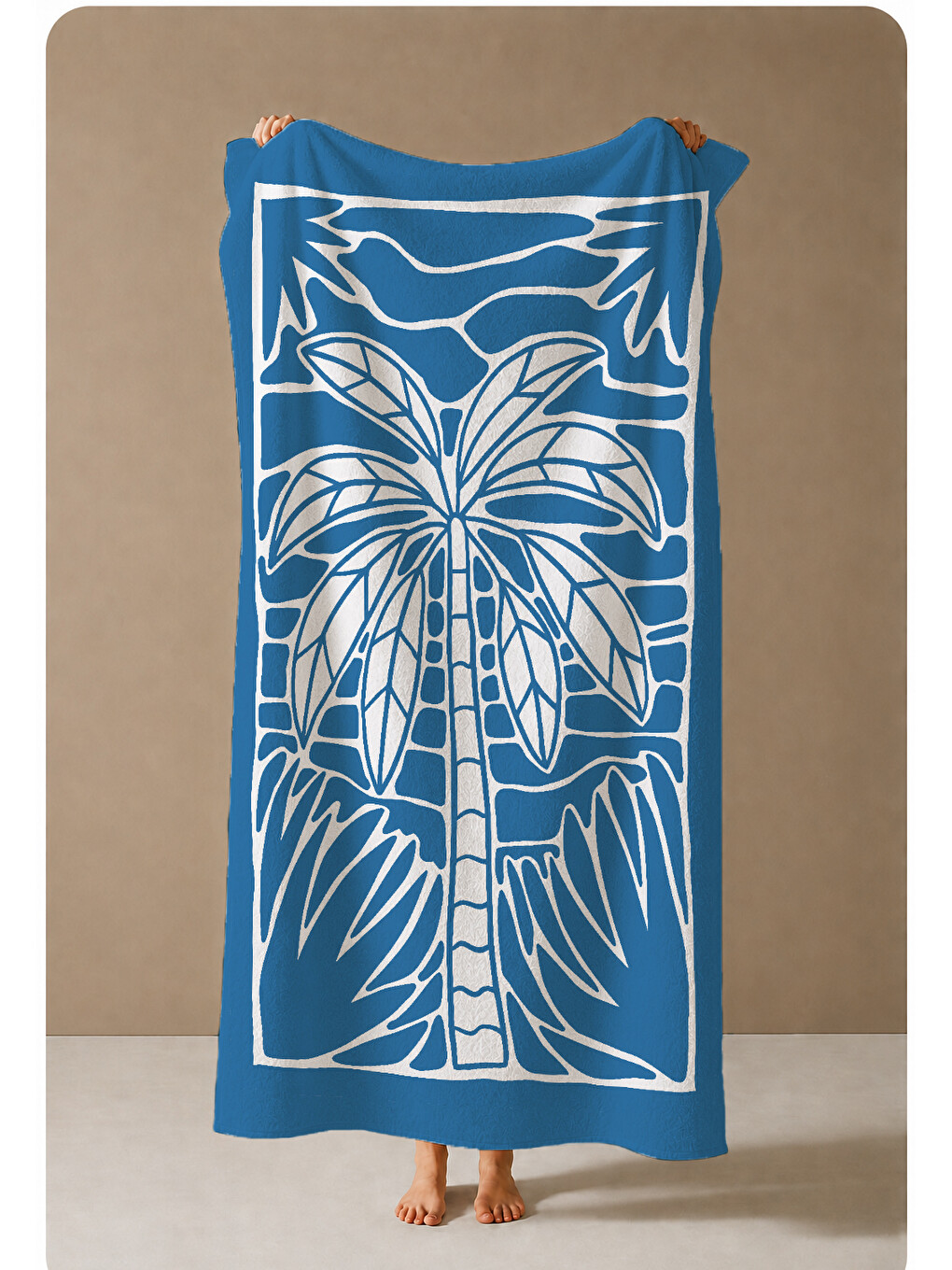 Mavi Beyaz Blok Baskı Palmiye Desenli 70x150 Cm Dijital Baskılı Plaj Ve Banyo Havlusu-3