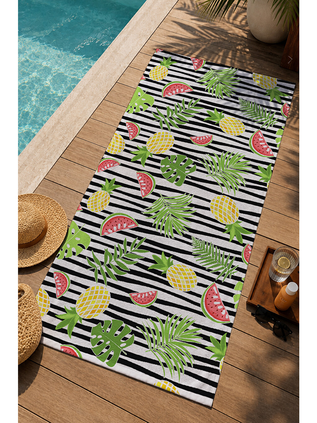 Siyah Beyaz Çizgili Karpuz Ananas Tropikal Desenli 70x150 Cm Dijital Baskılı Plaj Ve Banyo Havlusu-2