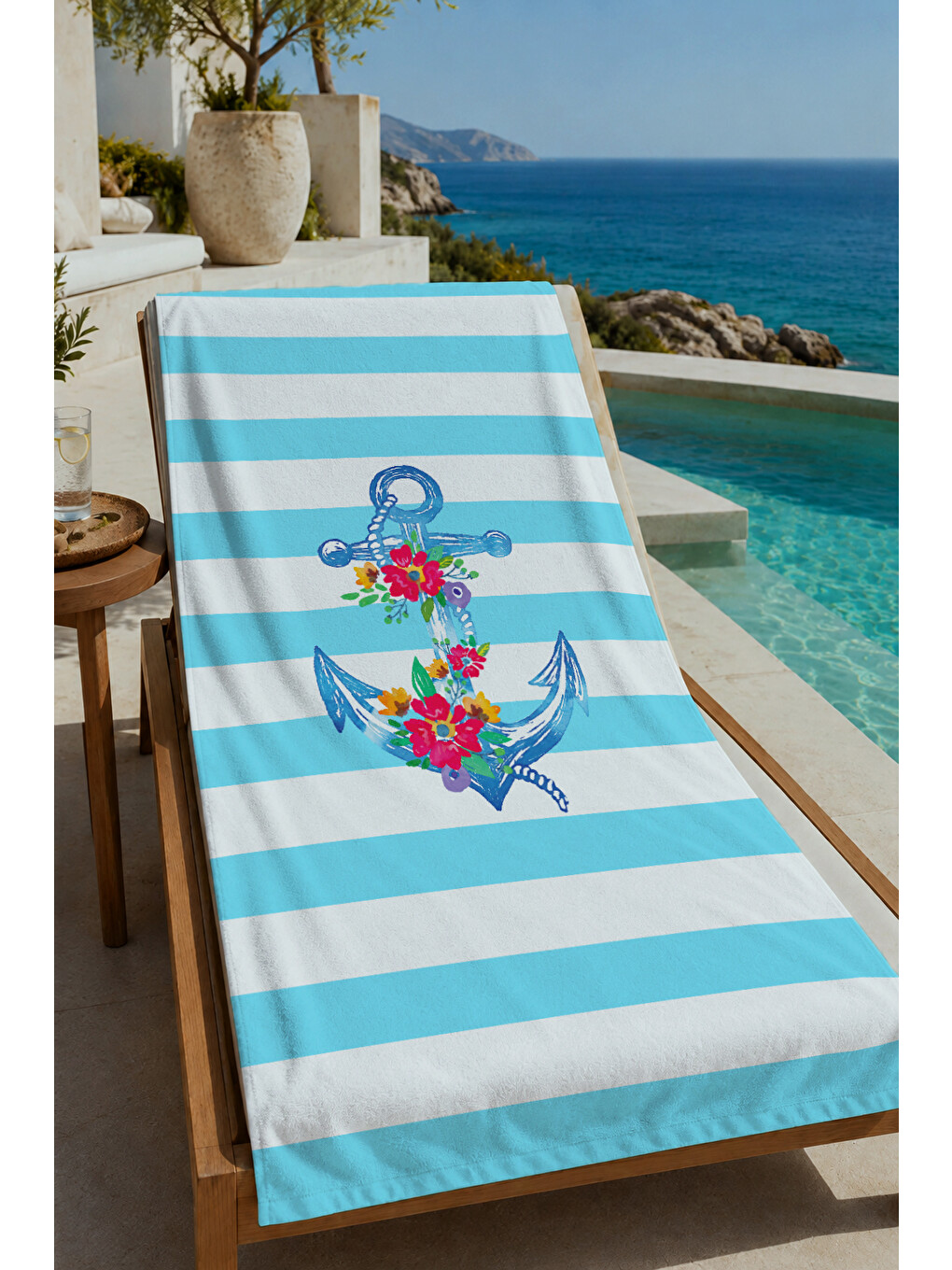 Milbay Grup Mavi Beyaz Çizgili Çiçekli Çapa Desenli 70x150 Cm Dijital Plaj Ve Banyo Havlusu-37368