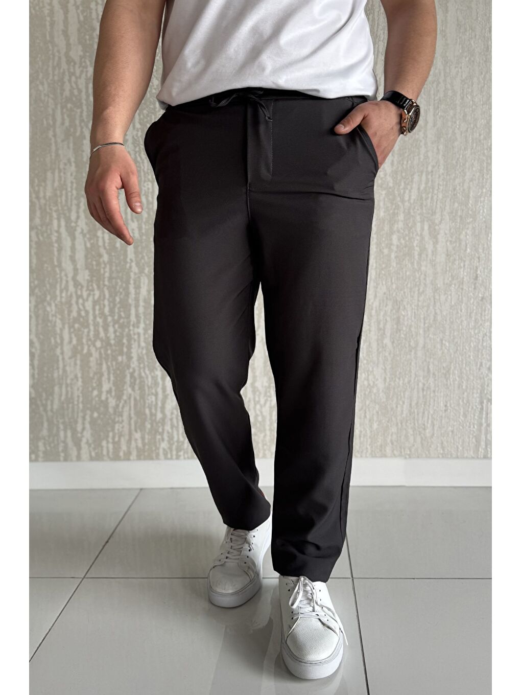 Antrasit Duble Paça Bel Bağlamalı Kumaş Erkek Pantolon