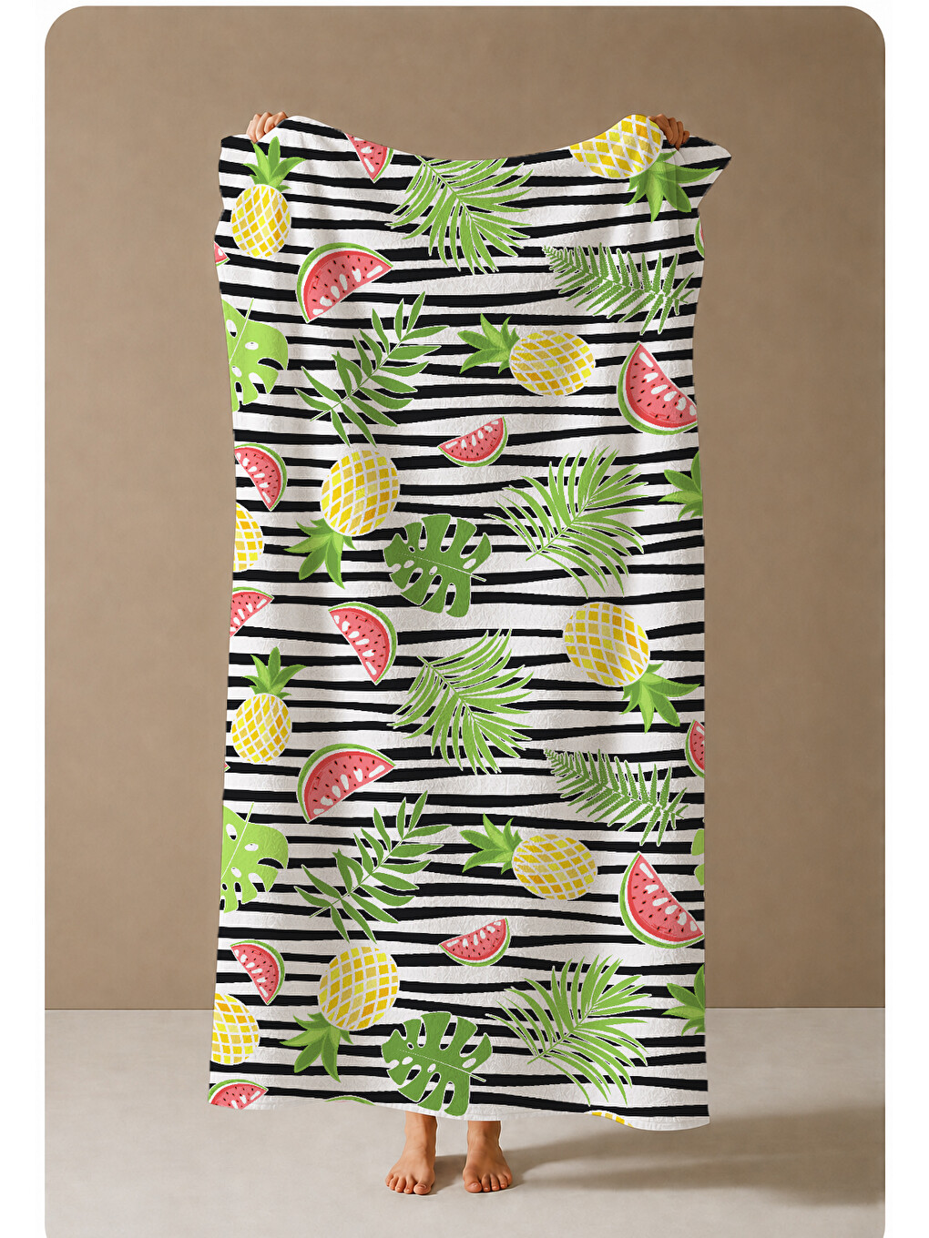 Siyah Beyaz Çizgili Karpuz Ananas Tropikal Desenli 70x150 Cm Dijital Baskılı Plaj Ve Banyo Havlusu-3