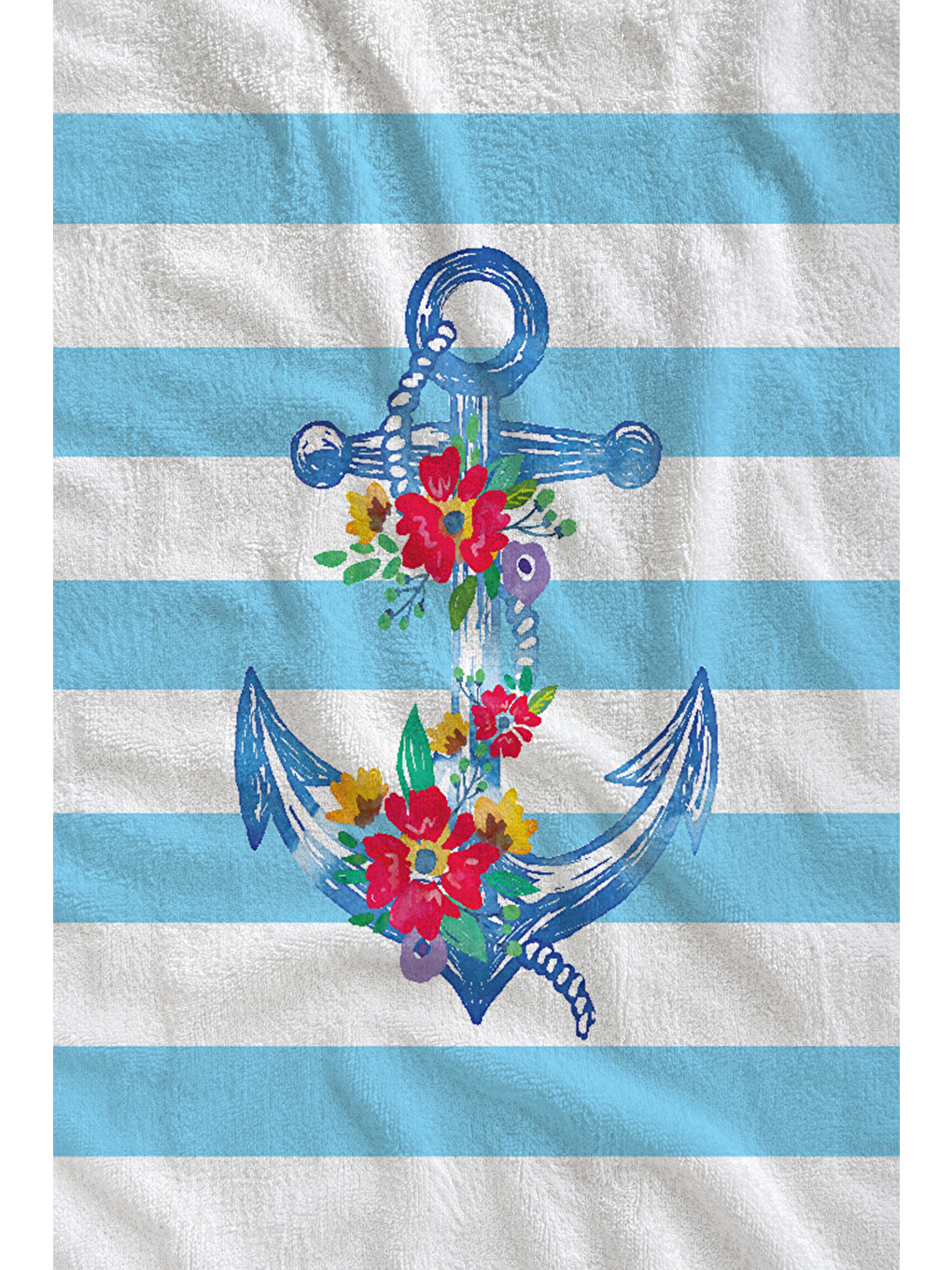 Milbay Grup Mavi Beyaz Çizgili Çiçekli Çapa Desenli 70x150 Cm Dijital Plaj Ve Banyo Havlusu-37368-1