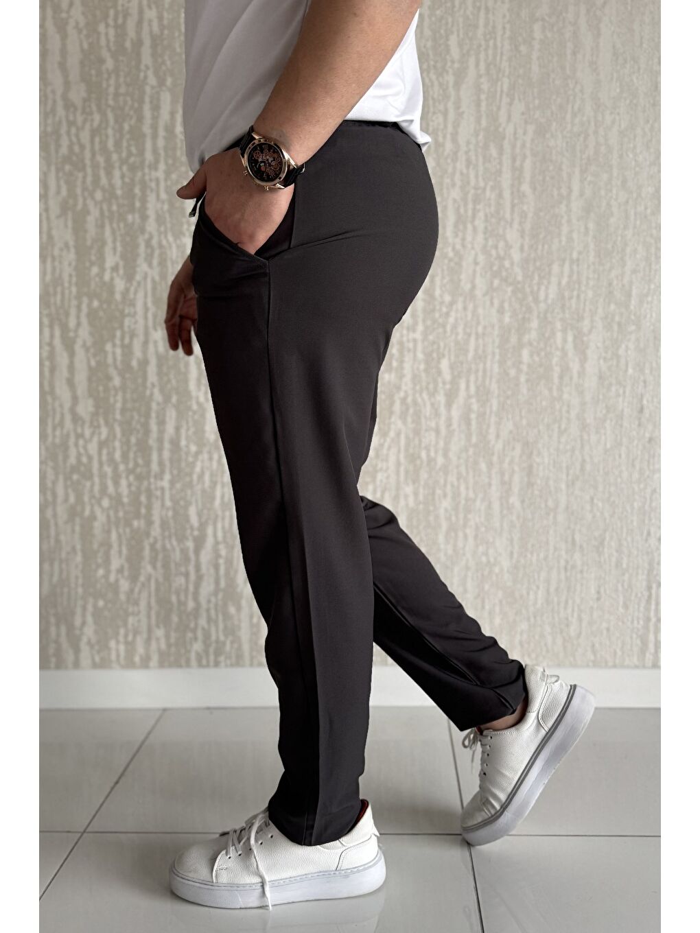 Antrasit Duble Paça Bel Bağlamalı Kumaş Erkek Pantolon-1