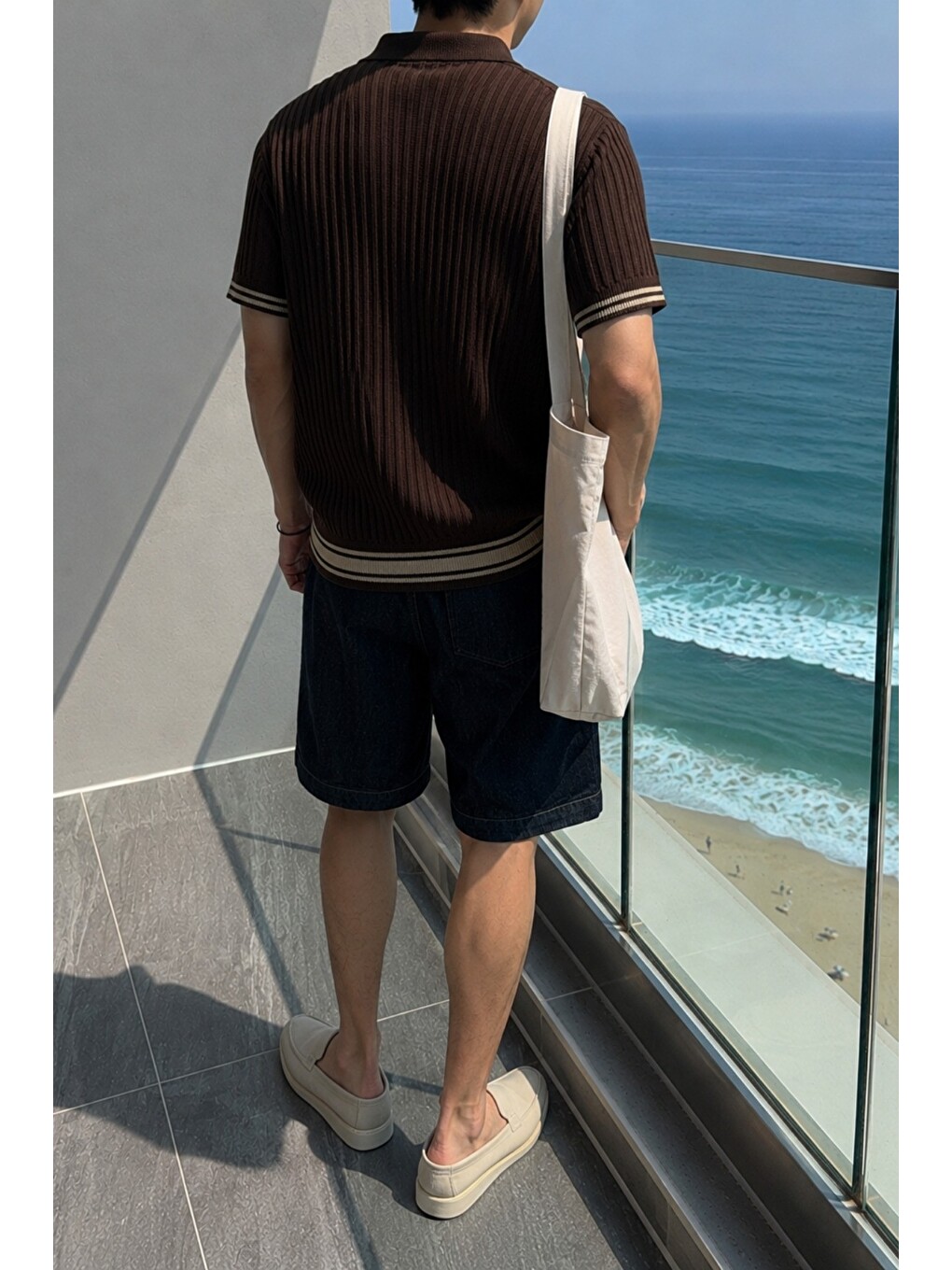 Kahverengi Oversize Fit Çizgili Triko Polo Yaka Erkek Tişört – Ribana Dokulu Premium Yazlık Model-2