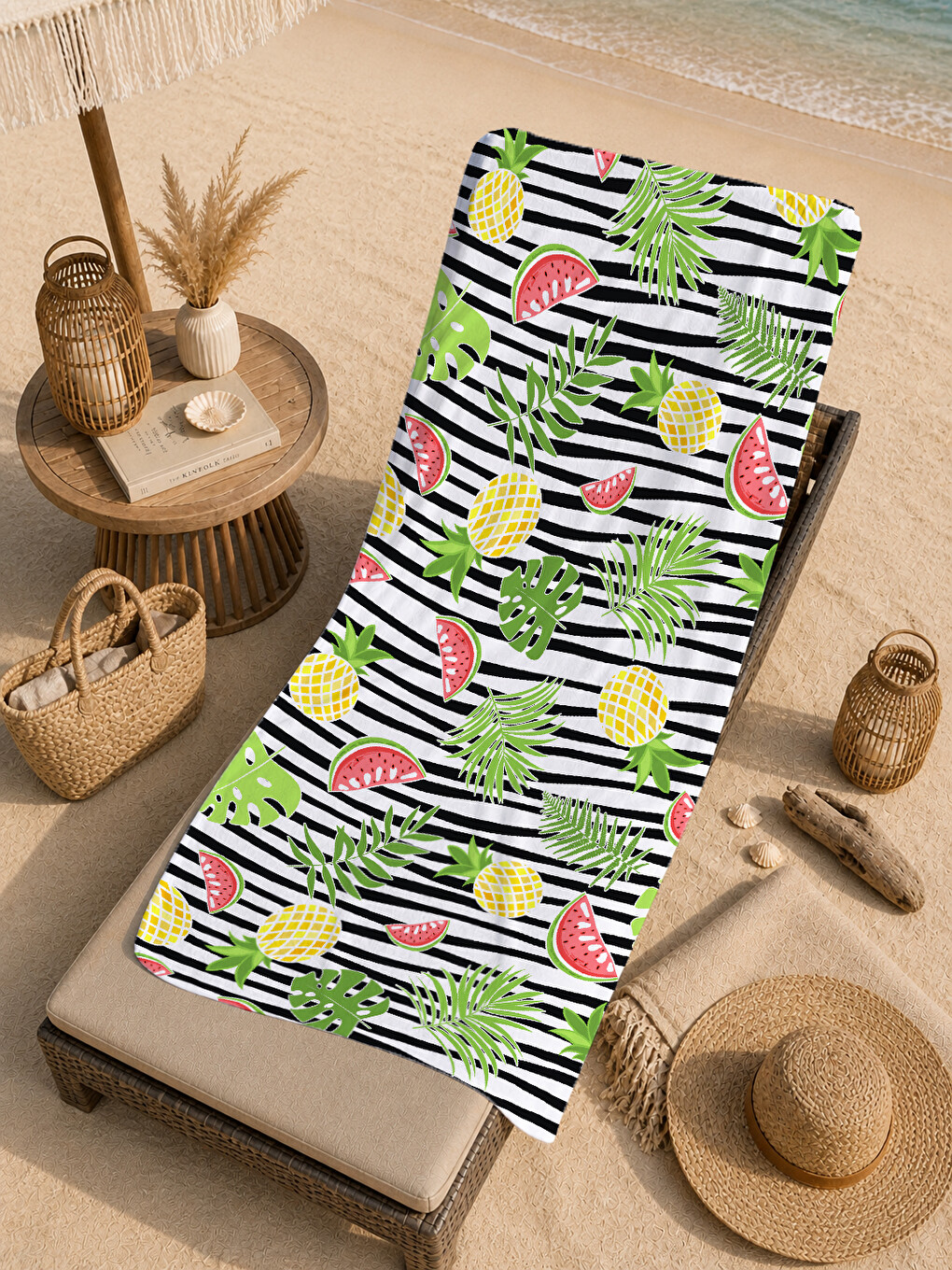 Siyah Beyaz Çizgili Karpuz Ananas Tropikal Desenli 70x150 Cm Dijital Baskılı Plaj Ve Banyo Havlusu-4