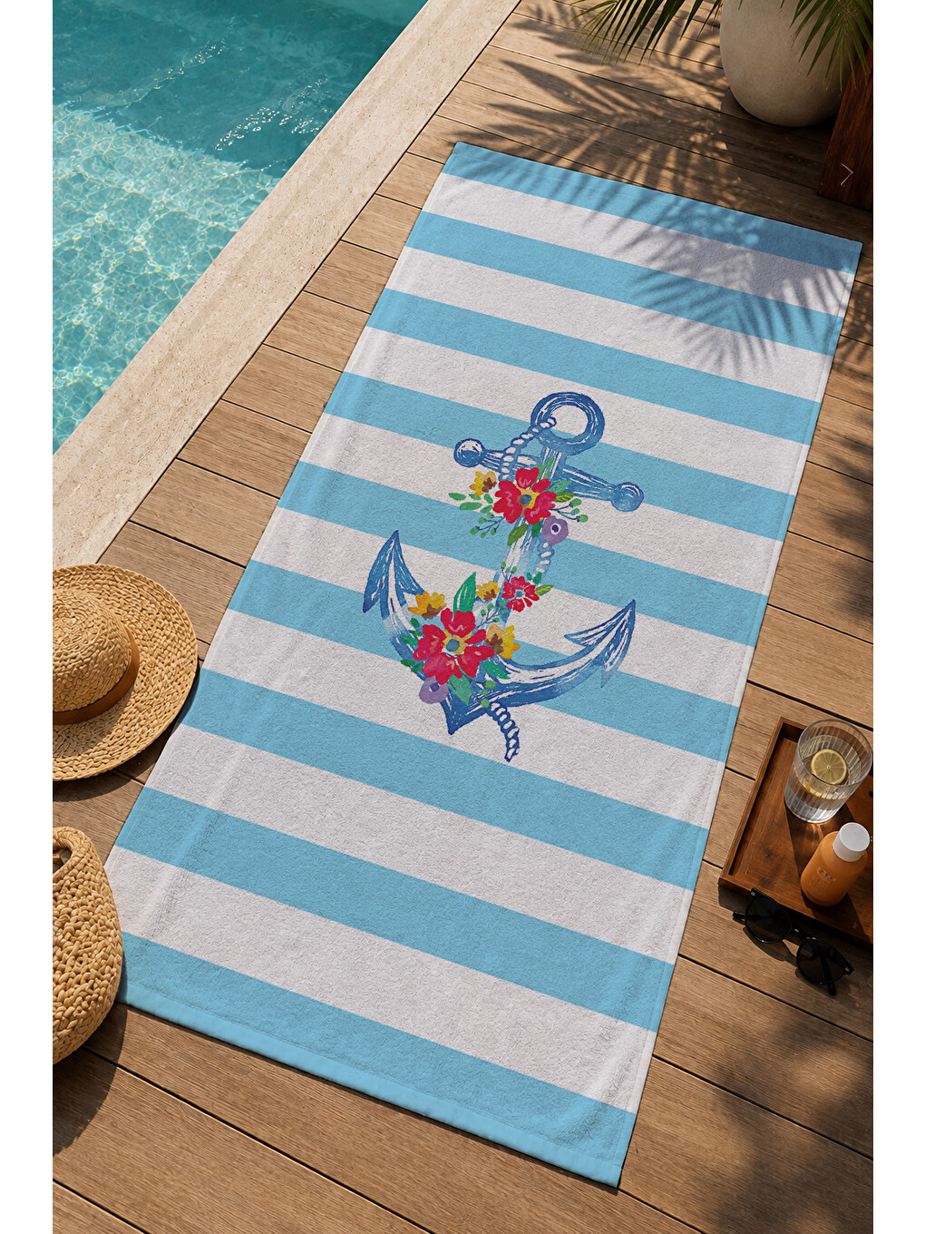 Milbay Grup Mavi Beyaz Çizgili Çiçekli Çapa Desenli 70x150 Cm Dijital Plaj Ve Banyo Havlusu-37368-2