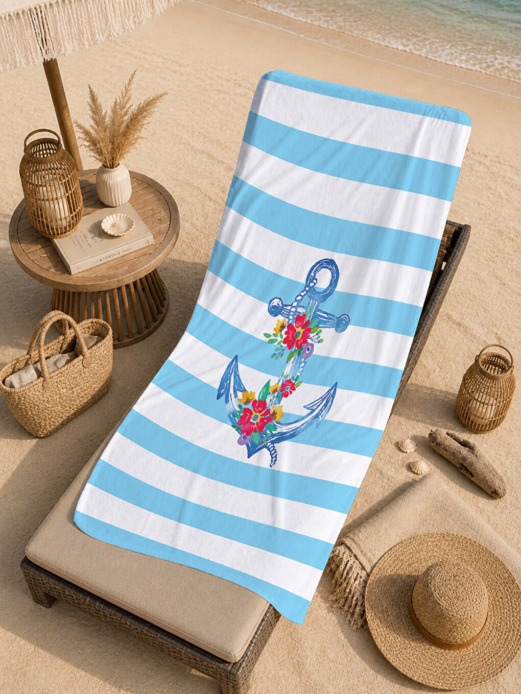 Milbay Grup Mavi Beyaz Çizgili Çiçekli Çapa Desenli 70x150 Cm Dijital Plaj Ve Banyo Havlusu-37368-4