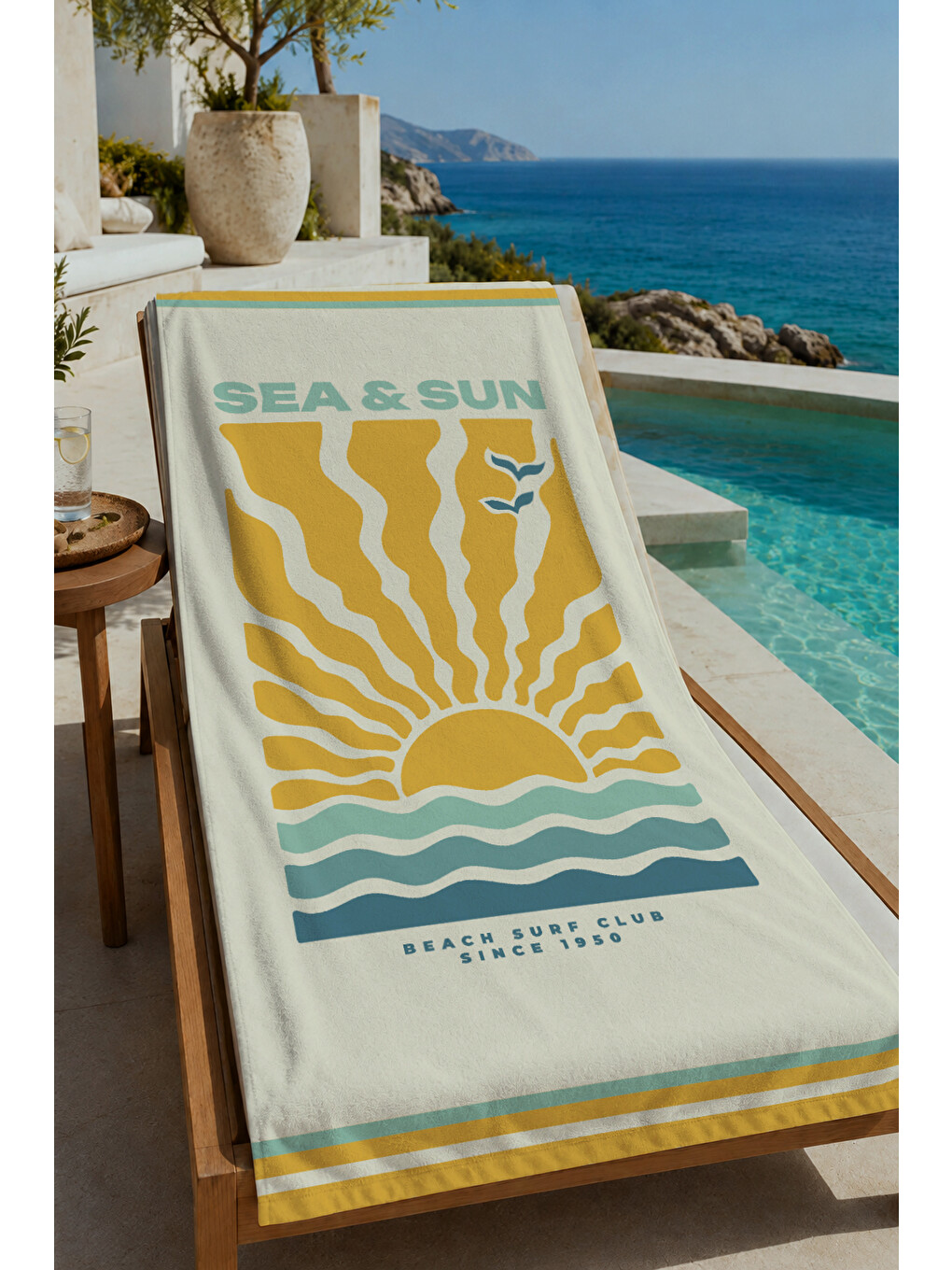 Ekru Sarı Mavi Sea And Sun Dalga Desenli 70x150 Cm Dijital Baskılı Plaj Ve Banyo Havlusu
